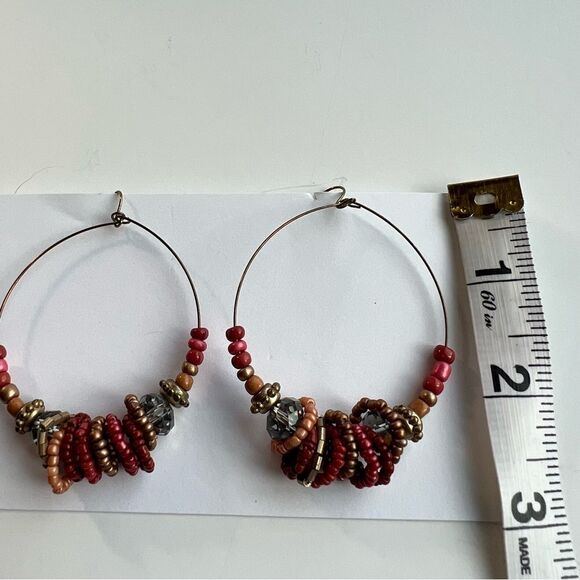 Beaded Boho Red Multicolored Resin Beaded Circle Hoop Colorful Pierced Earrings - Picture 7 of 7